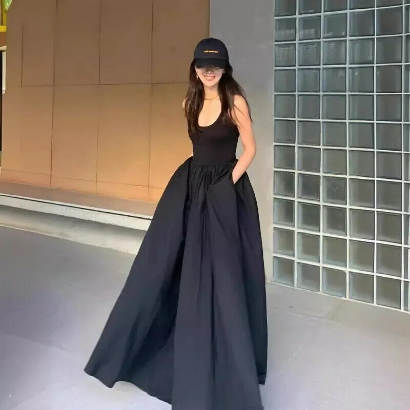 Damska letnia mała czarna sukienka francuska moda prosta kamizelka bez rękawów długa sukienka czarny Halter sukienka Maxi sukienki dla kobiet