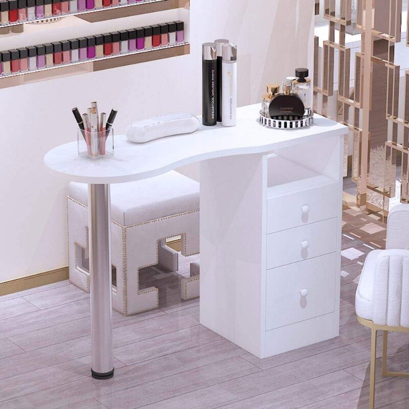 Manicure Table Salon Nail Table, Acetone Resistant Salon Furniture Equipment w/Single Cabinet, Drawers