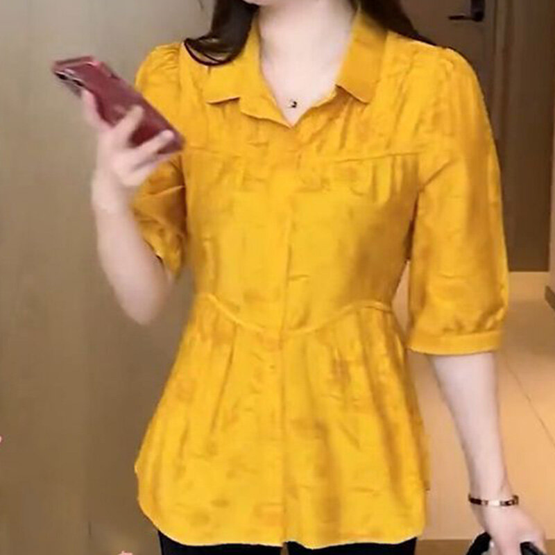 Женская Офисная рубашка с высокой талией, однотонная Свободная Повседневная рубашка с коротким рукавом, лацканами и принтом, Y2K, лето 2024