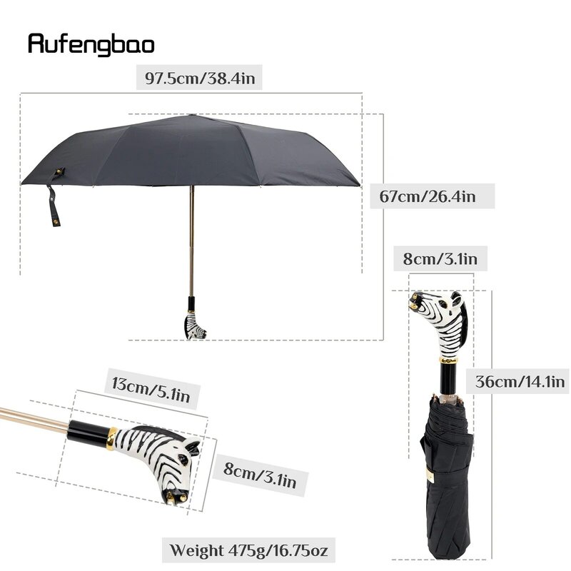 Guarda-chuva automático com alça zebra para homens e mulheres, guarda-chuva dobrável com proteção uv, para dias ensolarados e chuvosos