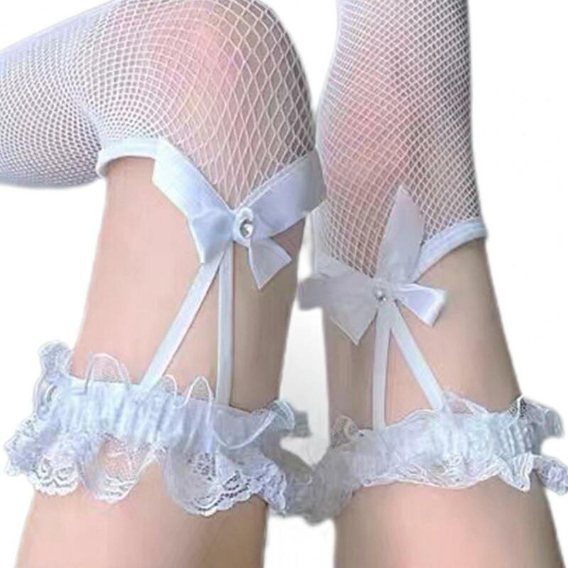 Meias de laço sexy para mulheres, ver através da malha, coxa fina alta, meia-calça para festa, monocromática