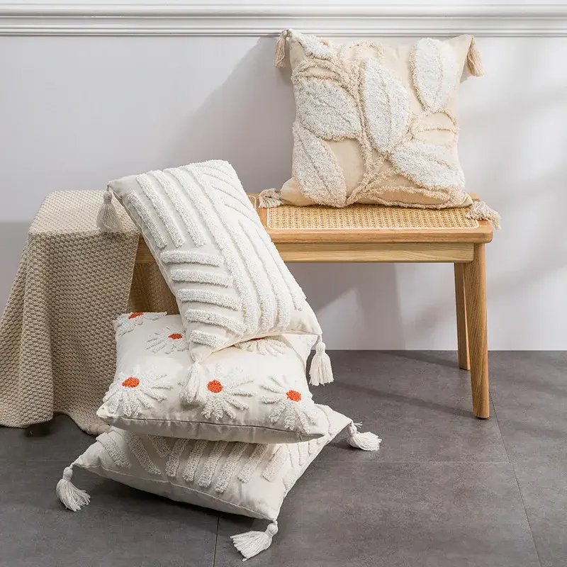 Funda de almohada con borlas copetudas, cojín de decoración suave para el hogar, sofá de sala de estar, estilo moderno de lujo ligero, 45x45cm