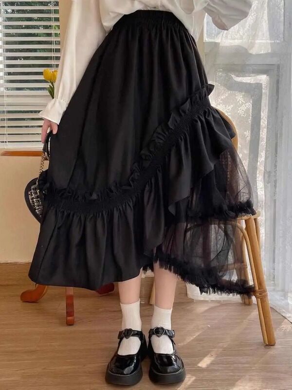 Юбки с асимметричной сеткой, в стиле пэчворк, с оборками, с высокой талией, в японском винтажном стиле, Женская длинная юбка-пачка, юбка