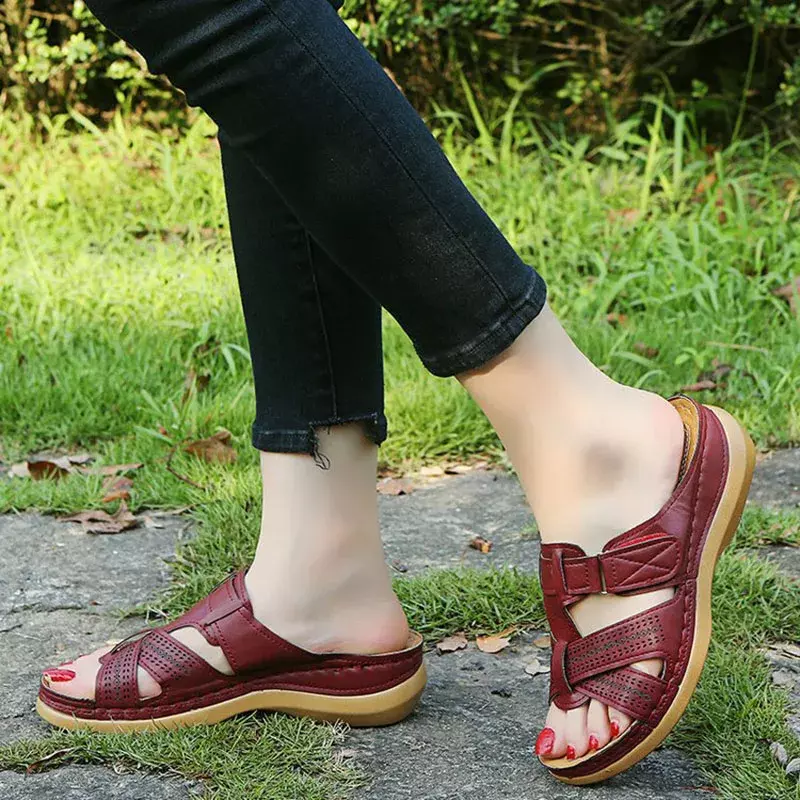 2024 letnie damskie sandały na platformie wysokiej jakości ortopedyczne sandały z odkrytymi palcami w stylu Vintage, antypoślizgowe, skórzane, codzienne damskie buty Retro na platformie