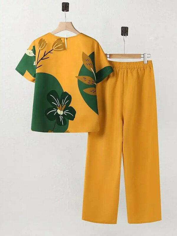 ZANZEA Short Sleeve Floral Tops Casual 2pcs Outfits Summer Solid Trousers Vintage Daily Tracksuit 2024 Fashion Women Pant Sets