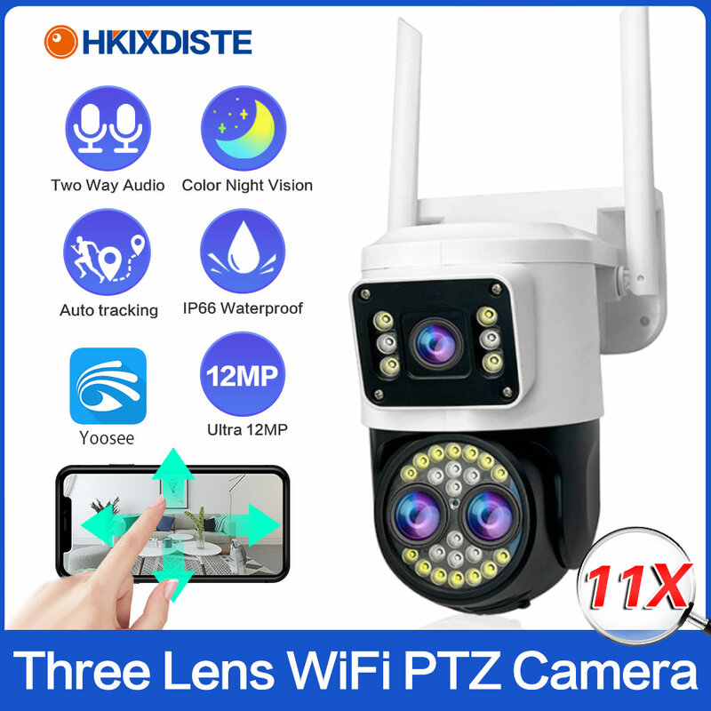 Kamera pengawas IP 12MP 6K WiFi, kamera IP pemantau Wifi 4K PTZ perbesaran 10X dengan penglihatan malam warna luar ruangan, kamera IP 8MP