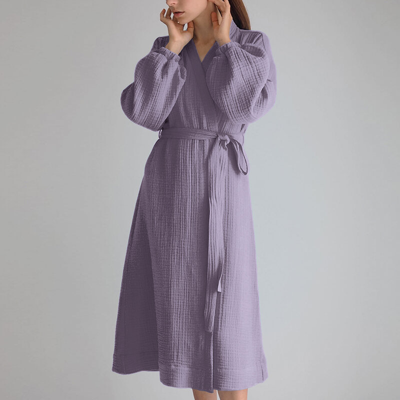 Hiloc-Bata larga de algodón con mangas abullonadas para mujer, ropa de dormir femenina, con fajas Kimono, albornoz elegante, bata de noche, 2024