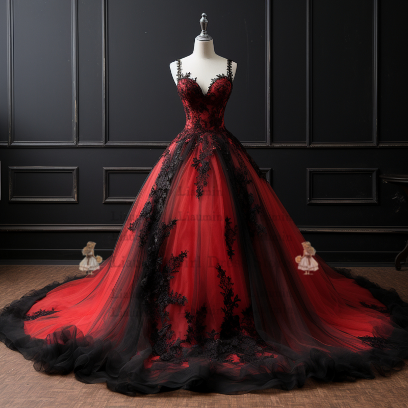 Gaun malam renda panjang penuh gaun pesta leher V Applique tepi renda merah dan hitam W3-7 acara Formal pakaian elegan