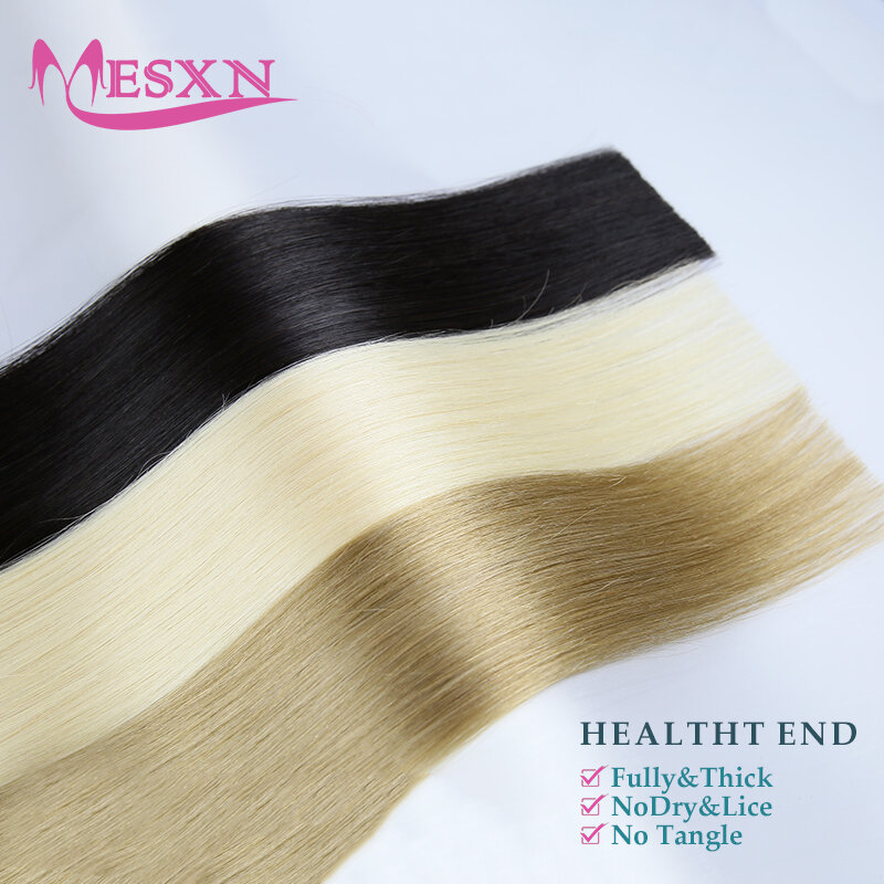 Mesxn-ヘアエクステンションのテープ、100% 本物の天然の人間の髪の毛、目に見えない柔らかい横糸、黒、茶色、ブロンド、16 "-24" 、10個