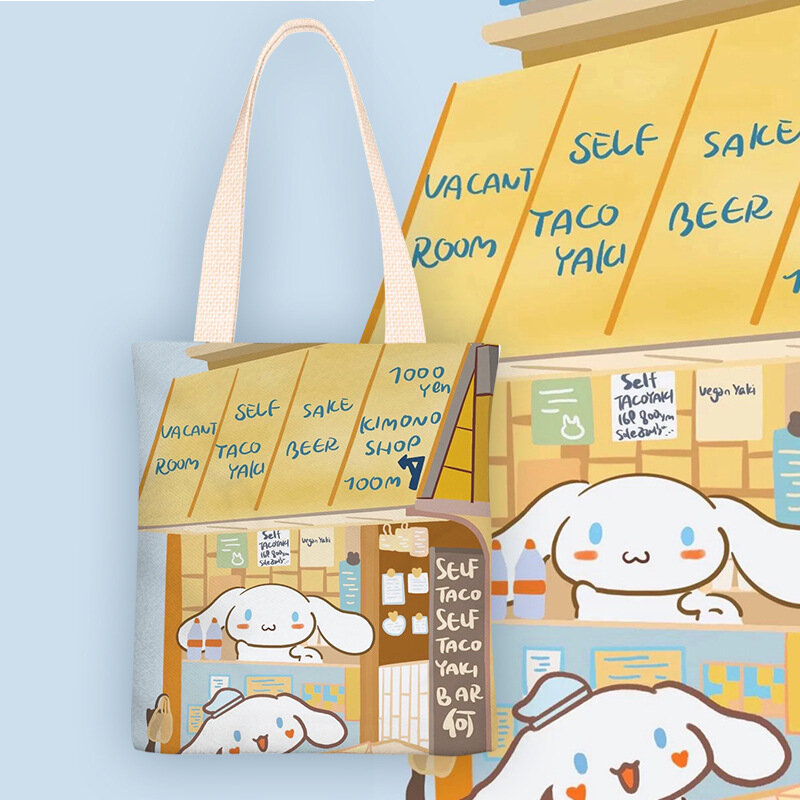 Sanrio kreskówki torby na ramię z zapinaną na zamek wewnętrzna kieszeń Cinnamoroll Anime drukowanie na płótnie wodoodporne dziewczyny torba na zakupy