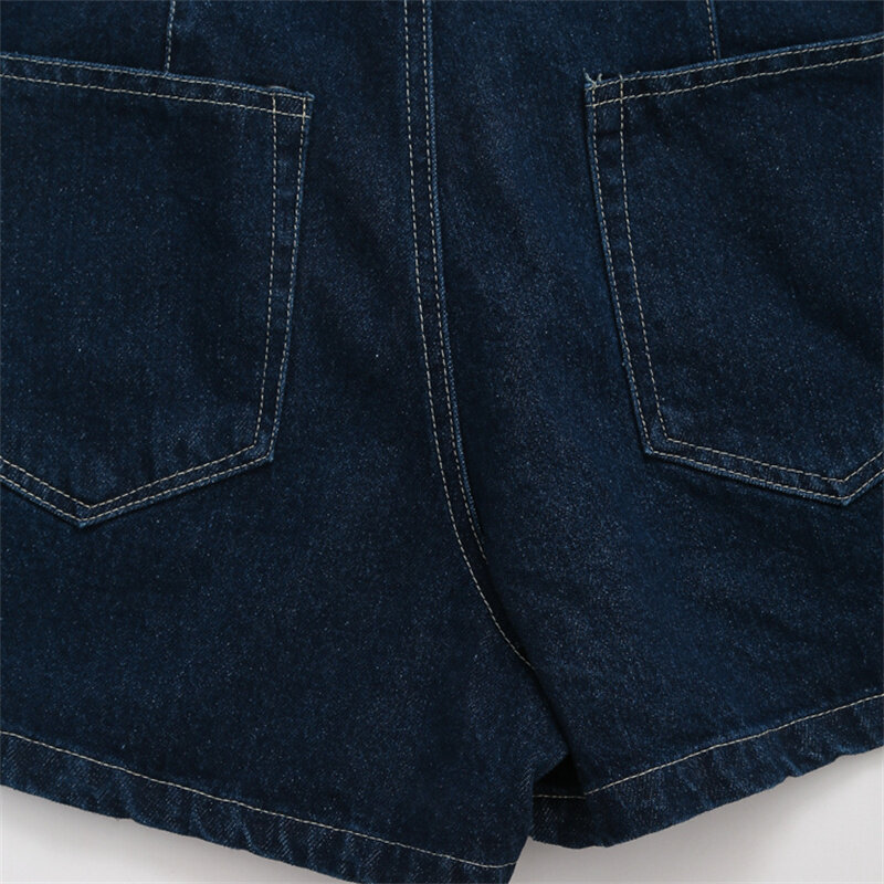 KEYANKETIAN celana pendek Denim biru gelap wanita, celana Jeans lurus pinggang tinggi ritsleting asimetris gaya jalanan 2024