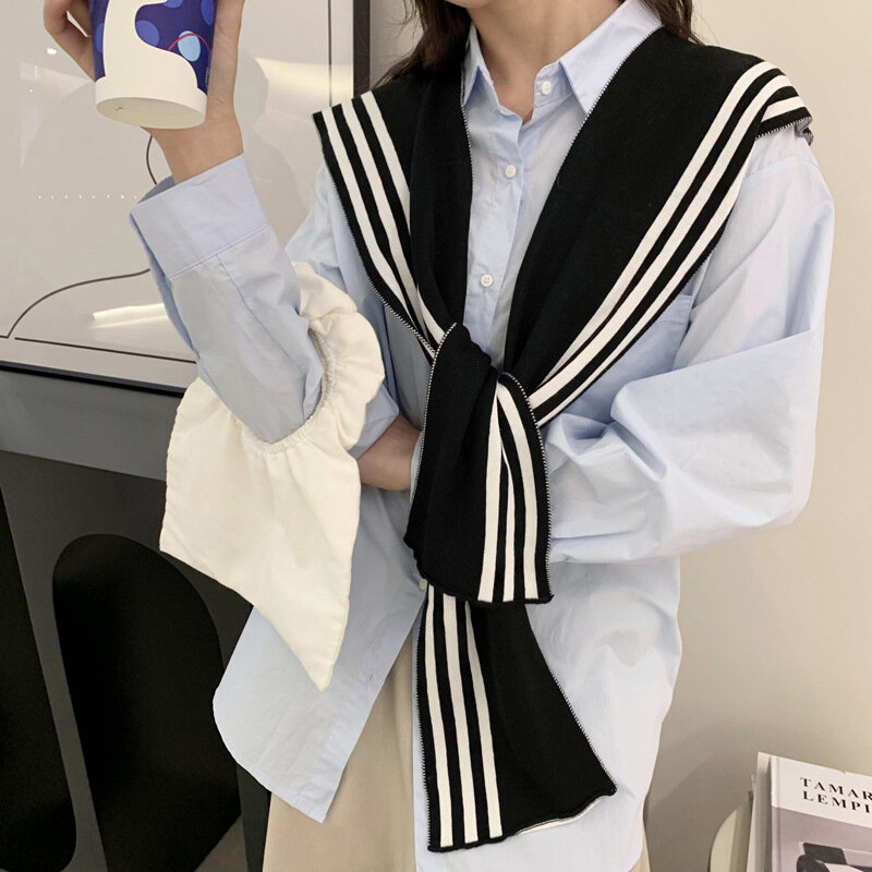 Koreanische Art Mode gestrickt Schal Hemd Schulter gestreiften gefälschten Kragen Retro-Stil Schal weibliche Accessoires