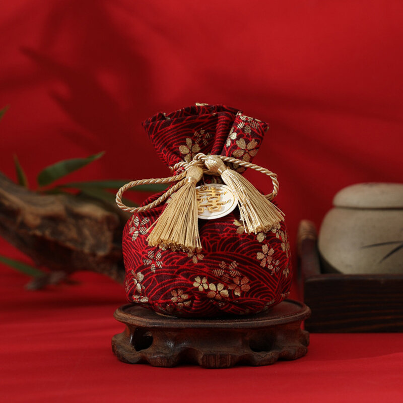 Saco De Presente De Casamento Tradicional Chinês, Material De Tecido Vermelho, Pacote De Cordão, Saco De Presente De Doces para Convidados