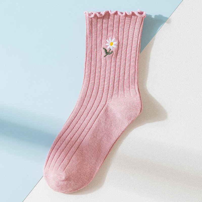 Mittellange Socken, koreanische Version, kleine Gänseblümchen-Flor-Socken, Damen-Socken, Frühling Sommer dünner Stil, Holzohrkanten-Baumwoll socken