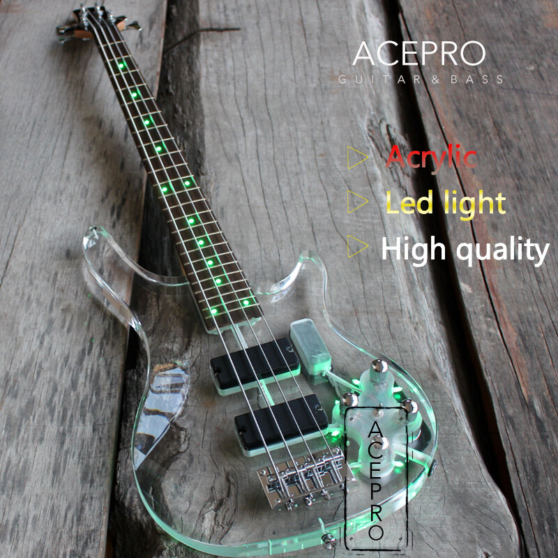 Guitarra baixa elétrica com luzes LED verdes, 4 cordas, acrílico claro, corpo de cristal, Bege pescoço, frete grátis