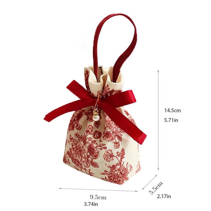 Korean Canvas Festive Tulip Flower Drawstring Canvas Sugar Bag Bow Pearl Wedding Handbag Large Capacity Jewerly Packing Bag
