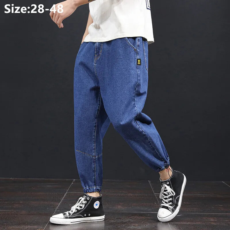 Calça jeans com comprimento de tornozelo masculina, jeans harém, calça hip-hop, jogger extragrande, plus size 42 44 46 48, moda verão e outono, 2024