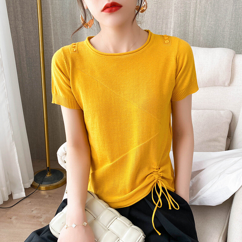 Summer Cotton T-Shirt Women's Round Neck Knitted Short-Sleeved Loose 2022 New Simple Half-Sleeved Bottoming Shirt Drawstring Top