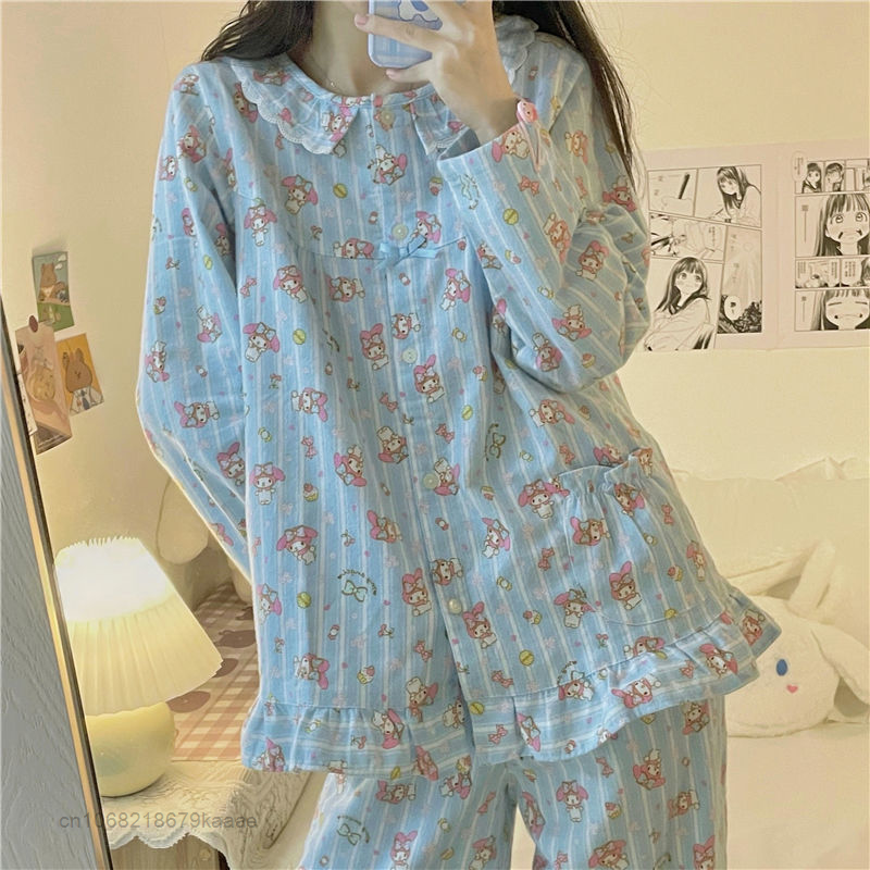 Sanrio Home Clothes Cartoon Melody Pajamas 2 Piece Set Women Cardigan Tops Loose Pants Y2k Sweet Cute Doll Collar Sleepwear Suit