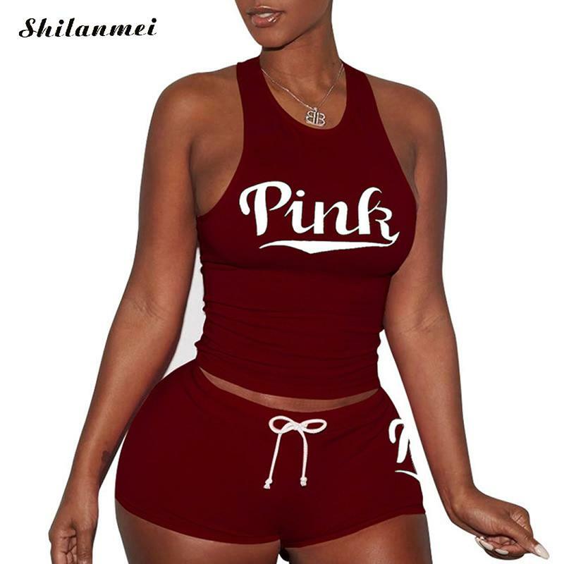 2020 Wanita Baju Olahraga Set Pink Huruf Cetak Musim Panas Kasual Dua Sepotong Set Plus Ukuran Baju Olahraga Wanita Tank Top dan Celana Pendek pakaian