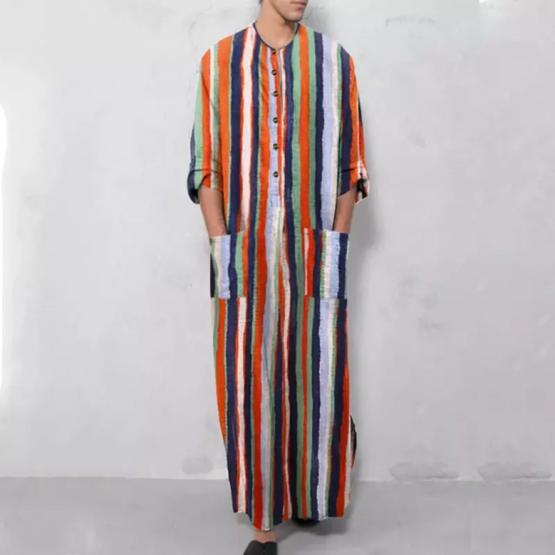 Muslim Men's Robe Casual Striped Print Long Loose All-match Kaftan Comfortable Long Sleeve Jubba Thobe Robes S-5XL
