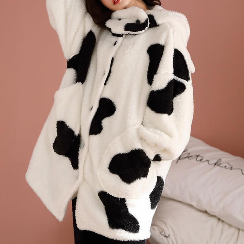 Women Sleepwear Thick Hooded Nightgown Kawaii Winter Robes Flannel Girls Animal Fleece Pajamas Female Cartoon Cow Home Clothes