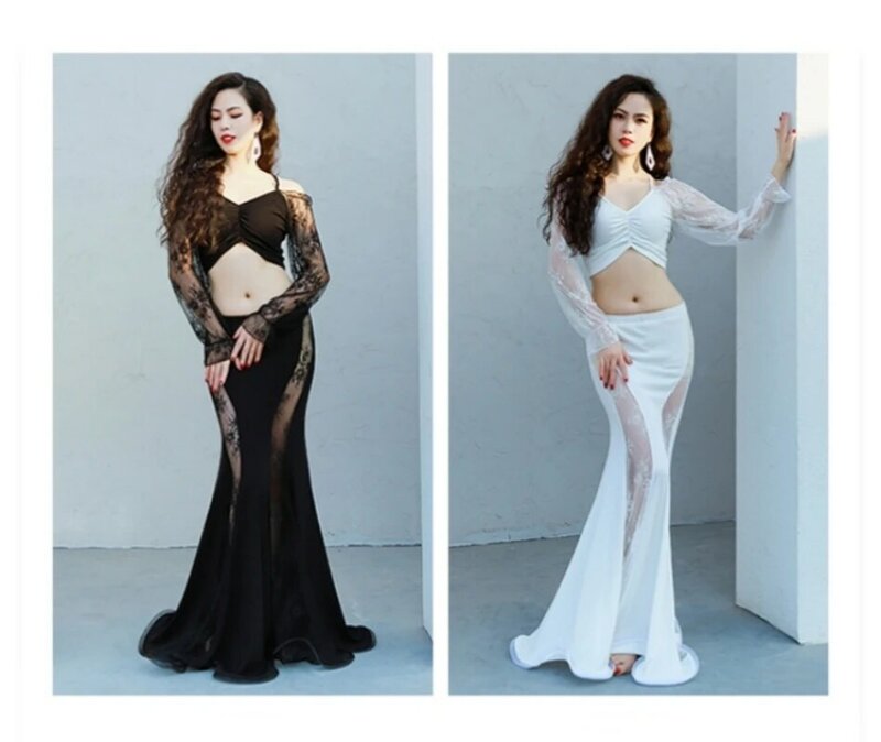 Belly Dance Clothes Women Half Sleeves Top 2pcs Oriental Practice Costumes Suits Bellydancing Fishtail Skirt Performance Clothes