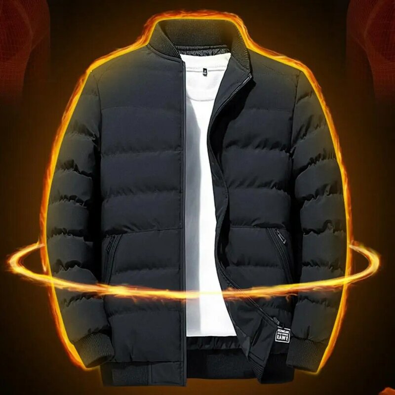 Men Jacket Solid Color Super Soft Zipper Coldproof Pockets Coat Baseball Jacket   Men Coat  Streetwear