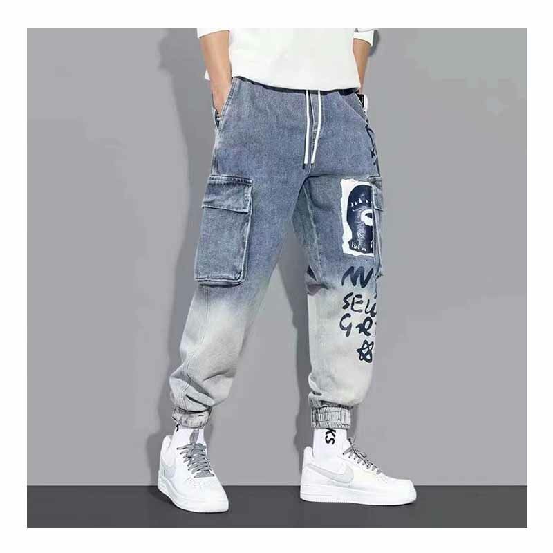 Odzież Streetwear na jesień i zimę męski dżinsy Cargo nadruk długi luźny spodnie haremki męski Hip Hop spodnie do kostek Denim spodnie do joggingu