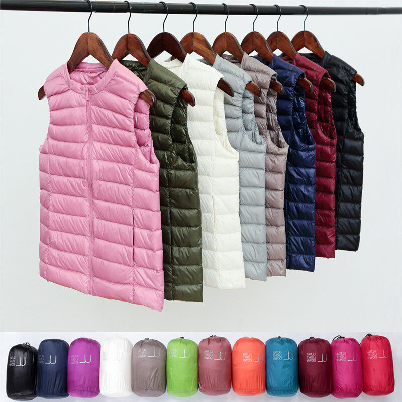 여성용 민소매 따뜻한 퍼퍼 재킷, 따뜻한 초경량 화이트 덕 다운 조끼 코트, 파카 레이디 슬림 얇은 조끼, 가을 겨울, 7XL