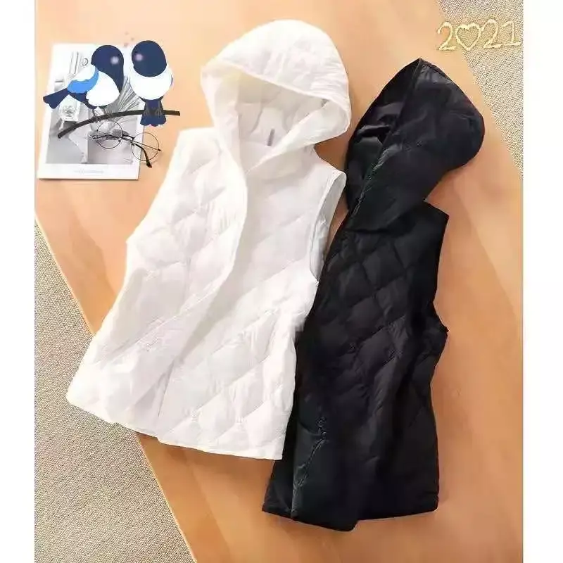 Женский пуховой жилет без рукавов, белая стеганая куртка с капюшоном на осень и зиму, 2023