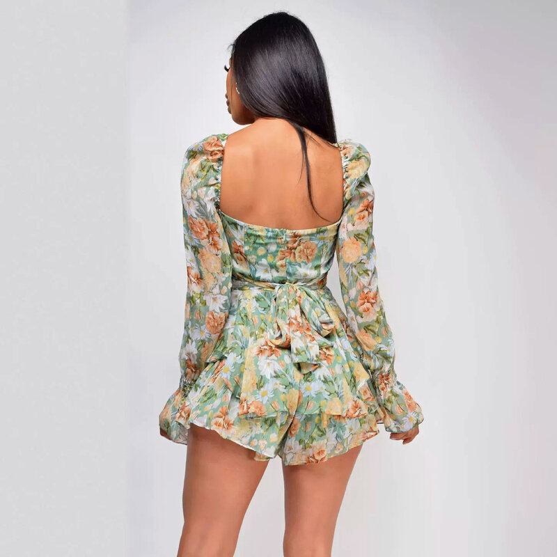 One-piece pants new floral women's sexy backless fashion square neck long-sleeved ruffled shorts tide