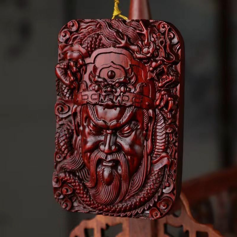 Collier pendentif Guan Gong sculpté pour homme, bois de santal vert naturel, poignée de main RosFrederick, dieu de la richesse Guan Yu Wu intensifie Hangtag