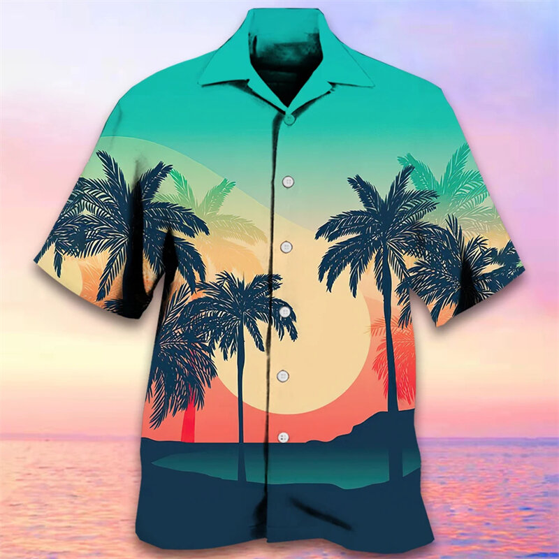 قميص هاواي بأكمام قصيرة للرجال ، طباعة قبلية لشجرة جوز الهند ثلاثية الأبعاد ، ملابس فضفاضة كبيرة الحجم ، ملابس رياضية مصممة في الشوارع