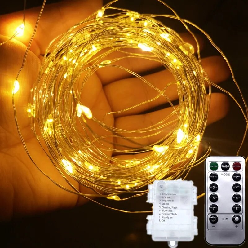 Cadena de luces LED de alambre de cobre, guirnalda de hadas, luces de Navidad, Control remoto al aire libre, decoración de boda alimentada por batería, 8 modos, 20m/10m