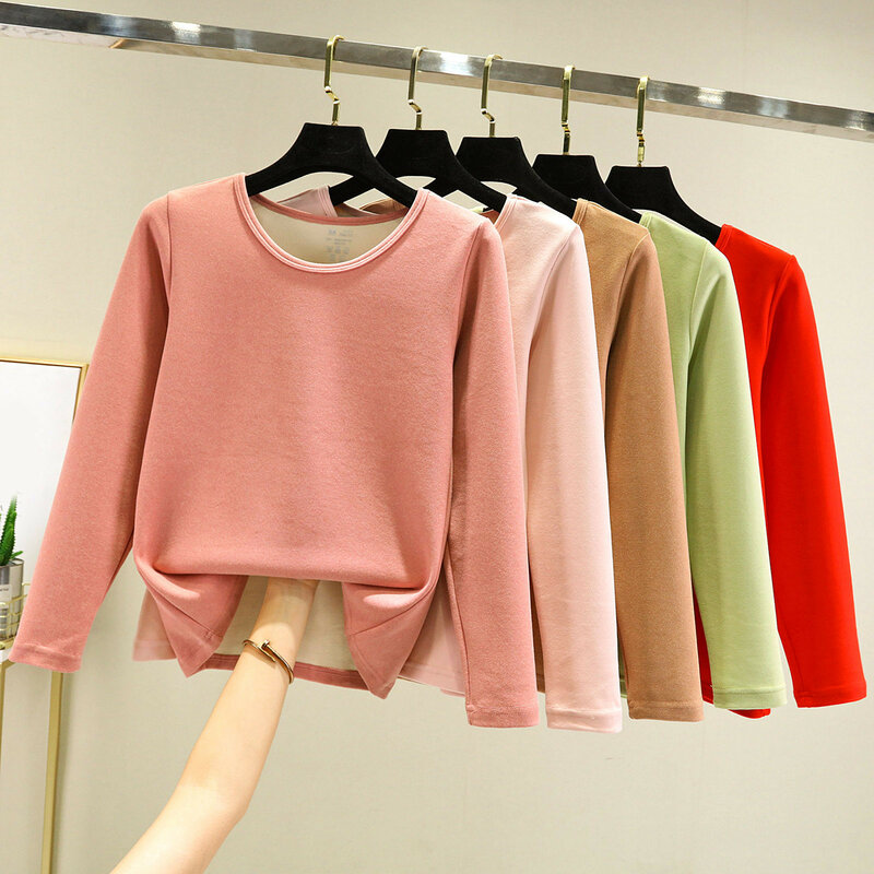 Women Autumn And Winter Casual Solid Color Long Sleeve Round Neck Multicolor Thickened Warm Classic Fleece Top Pullover