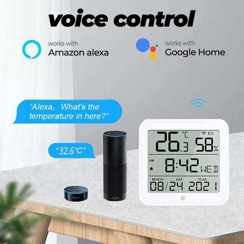 Tuya เซ็นเซอร์วัดอุณหภูมิความชื้น Wi-Fi อัจฉริยะพร้อมจอ LCD แบ็คไลท์สำหรับใช้ในบ้านเทอร์โมมิเตอร์รองรับ Alexa Google Home Voice
