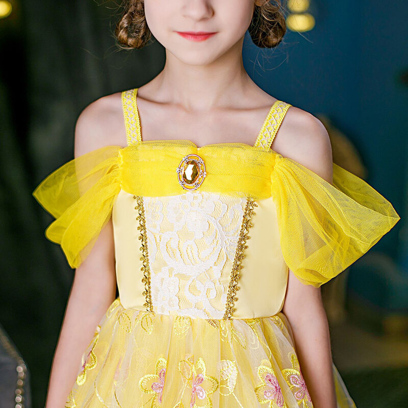 Girl Princess Belle Dress Beauty and Beast Cosplay Costume Birthday Praty Yellow Luxury Wedding Ball Gown Kid Carvinal Fancy Clo