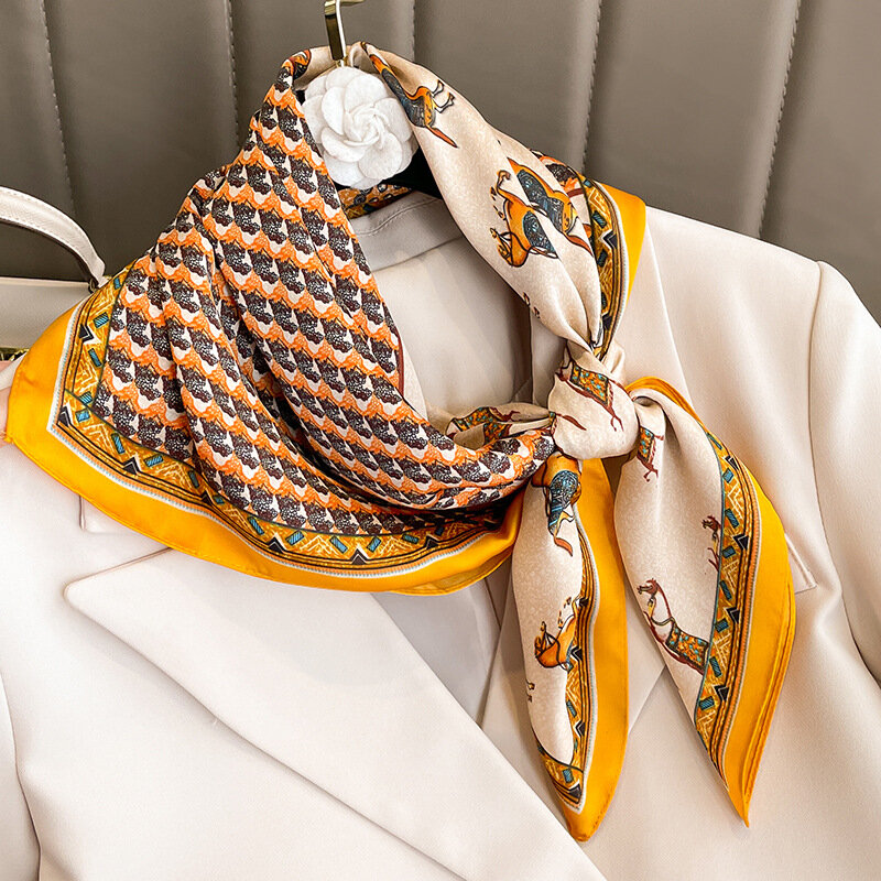 Foulard carré en soie pour femmes, en Satin doux, imprimé cheval, bandeau de luxe, Patchwork, tête, Hijab, sac, cravates, cadeau