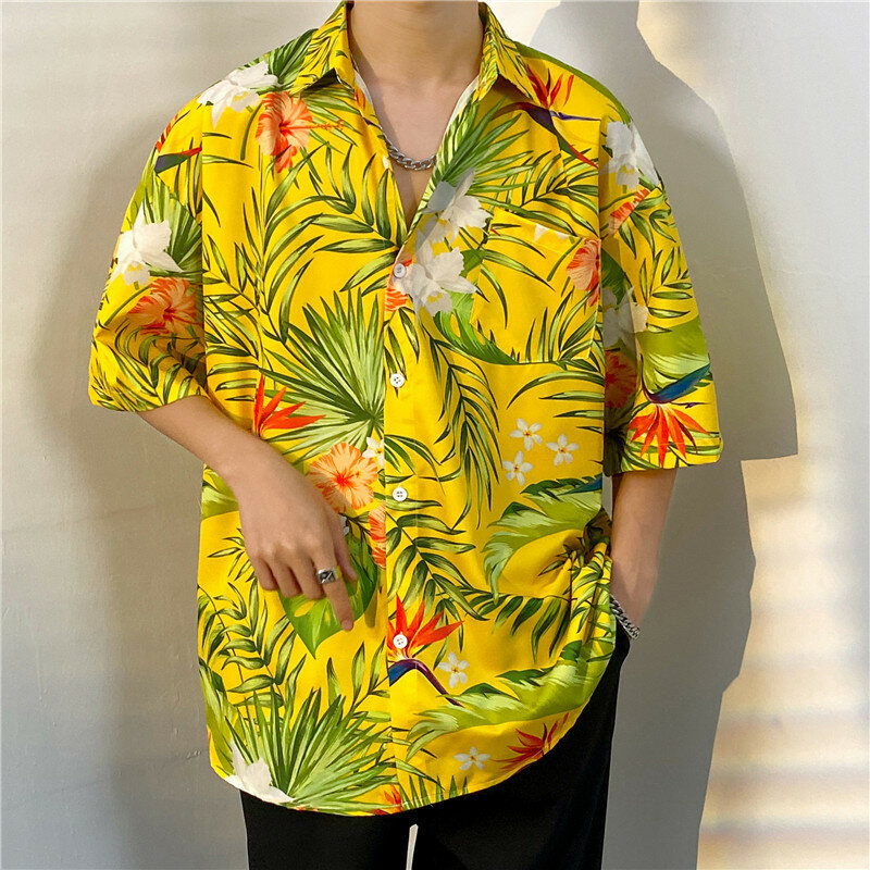 قميص رجالي بأكمام قصيرة وردية من هاواي ، بلوزة كاجوال وسيم ، نصف كم فضفاض ، قميص مطبوع على الشاطئ ، موضة ، صيف