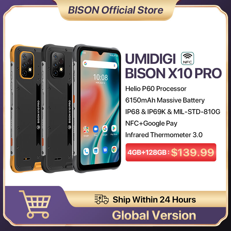 Смартфон UMIDIGI BISON X10 Pro, IP68 и IP69K, глобальная версия 4 Гб, 128 ГБ, Helio P60 восемь ядер, 6,53 дюйма, тройная камера 20 МП, 6150 мАч