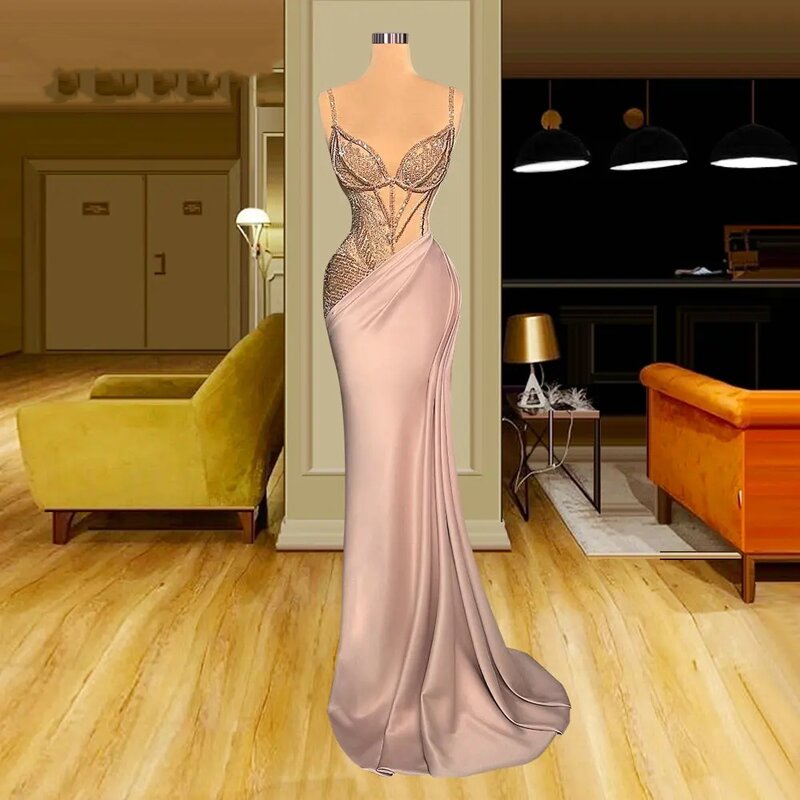 Gaun Prom anggun merah muda jubah malam panjang lantai untuk pesta Formal tali Spaghetti gaun kesayangan Vestidos De Gala 2024
