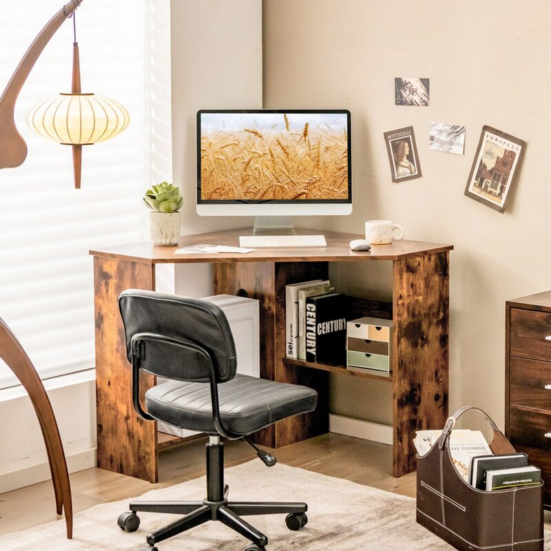 US  Costway Corner computer desk triangle writing workstation with storage shelf country style-