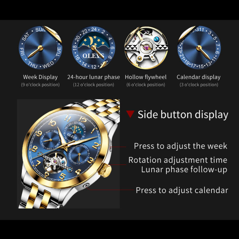 OLEVS Aço Inoxidável Relógio Mecânico, Moda Pulseira, Round-Dial, Semana Display, Calendário, Presente, 7018