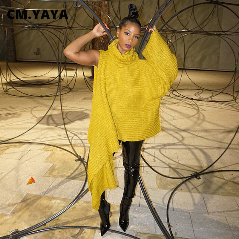 CM.YAYA-Jersey de cuello alto amarillo asimétrico para mujer, ropa de calle elegante de una manga larga, Otoño e Invierno