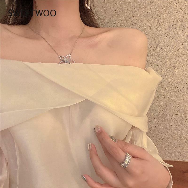 Blusa de manga larga con encaje transparente para mujer, camisa Sexy holgada con cuello de barco, moda coreana, elegante, 2022