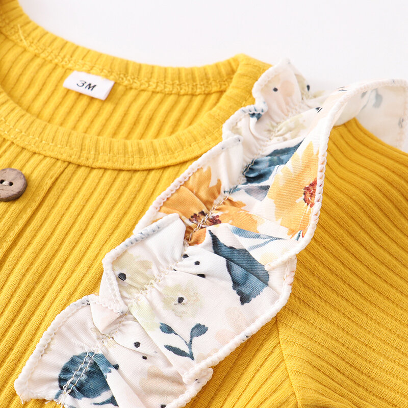 Осенняя одежда для новорожденных девочек, модные комплекты, милые длинные желтые брюки с оборками, цветочным принтом и длинным рукавом, повязка на голову, наряды для младенцев