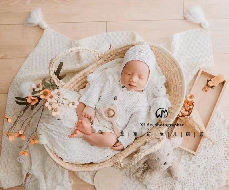 Straw Basket Newborn Photography Props Newborn Posing Nest Photo Baby Changing Basket with Handles Baby Photography Accessories