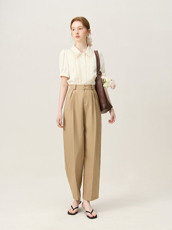 FSLE-Calça casual reta de cintura alta para mulheres, minimalista slim fit, streetwear, nova, verão, clássica, 24FS12107