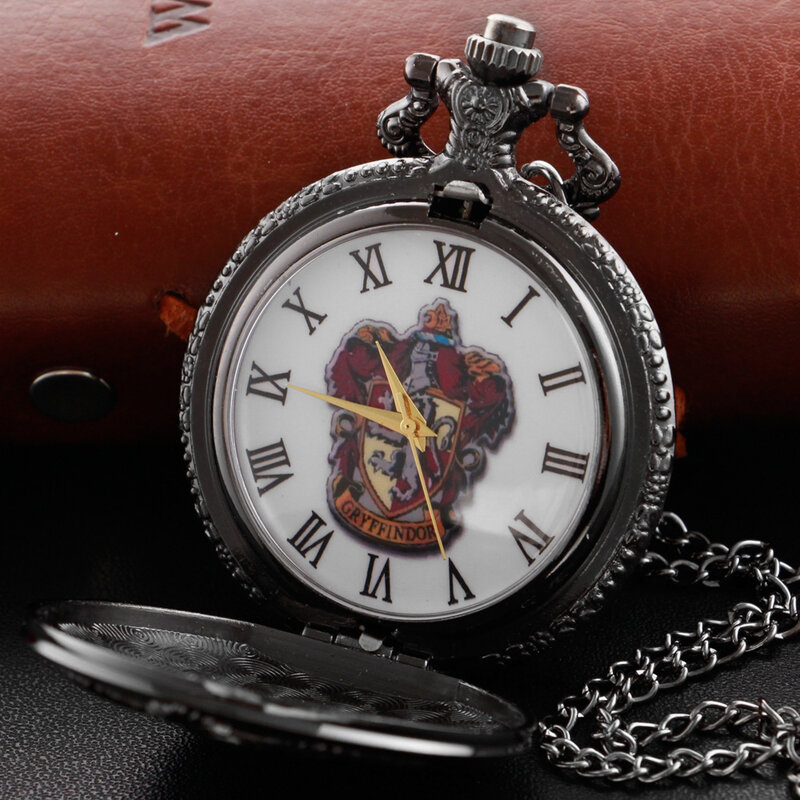 جديد Steampunk الأسود كلية شعار تنقش كوارتز ساعة الجيب موضة Charm فوب ساعة قلادة قلادة مع سلسلة هدية